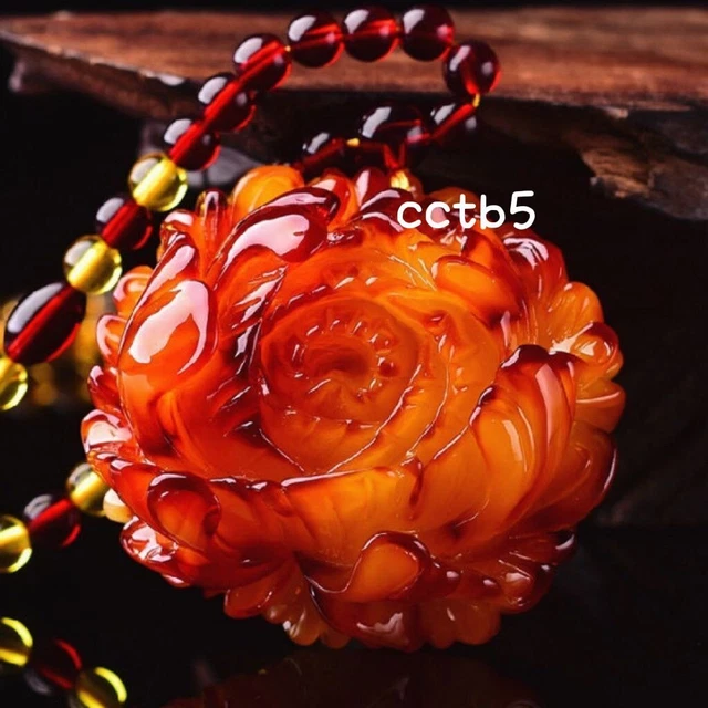 Certified 55mm Natural Mexico Amber Rose Flower Pendant + 6mm Bead Necklace #62