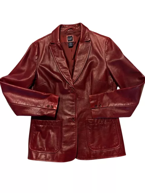 GAP Leather Blazer  Womens Medium Red Oxblood Jacket Notch Lapel Vintage 90's