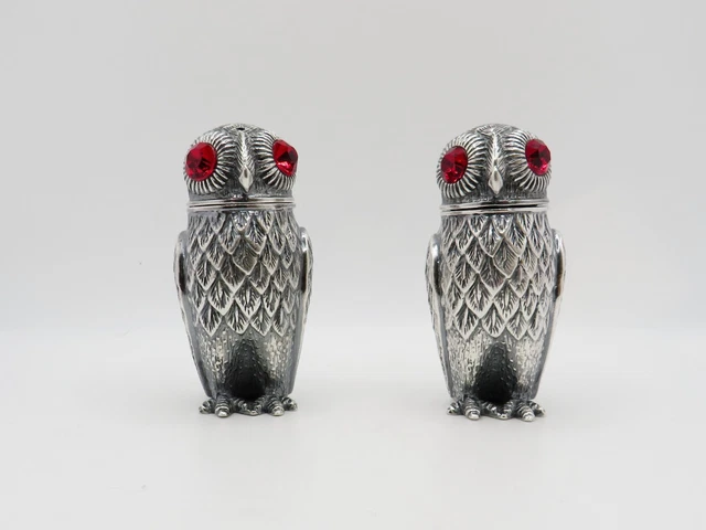 Pair Antique Early 20th Century Solid Silver Owls Salt And Pepper Shakers