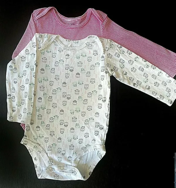 2 Girls Long Sleeve 18 Month Baby BODYSUITS Infant One-Piece Cotton owls stripes