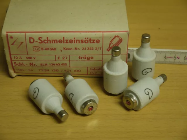 5 D Schmelzeinsätze Schmelzsicherung träge 10A 500V E27 DDR Sicherung Porzellan