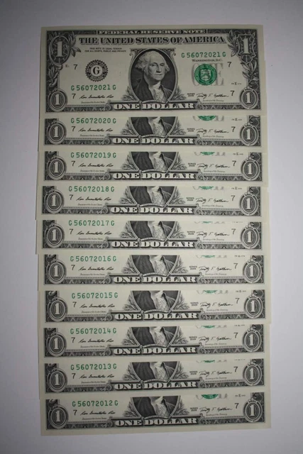 10 Consecutive Number US $1 DOLLAR BILLS Uncirculated in 10-Page PORTFOLIO ALBUM