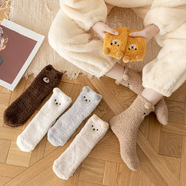 Women Socks Winter Cute Bear Coral Fleece Fuzzy Sock Warm Home Floor Sleep Socks