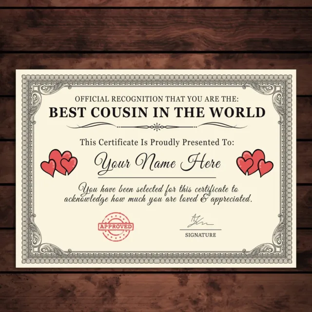 Personalised 'Best Cousin In The World' Certificates Gift/Print