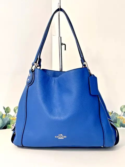 COACH EDIE 31 F57125 Blue Pebbled Leather Large Shoulder Bag Handbag ...
