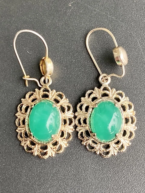 Vintage Estate Gold Filigree Earrings Green Glass Cabochon Faux Jade 1.5” Dangle