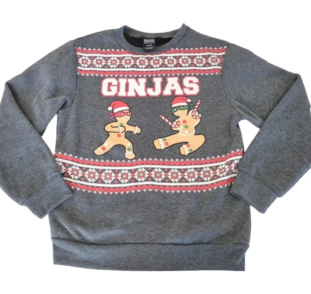 🎄 Fair Isle Grey Christmas 'Ginjas' Crew Neck Sweatshirt Kid 16/18 Ugly Sweater