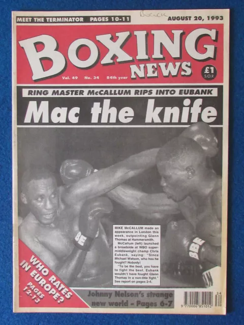 Boxing News Magazine - 20/8/93 - Mike McCallum & Glenn Thomas Cover