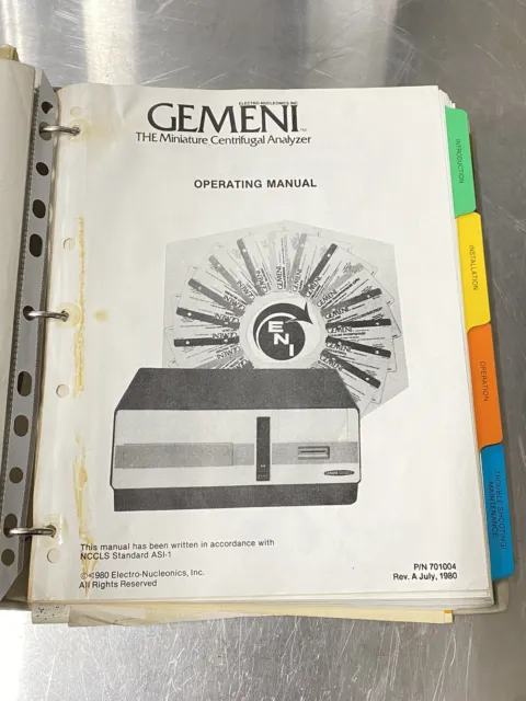 Electro-Nucleonics Gemini Centrifuge  - Users Guide / Instruction Book / Manual