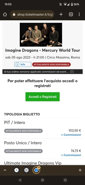 ULTIMO BIGLIETTO Concerto Imagine Dragons 5 Agosto 2023 Circo Massimo Roma, Pit