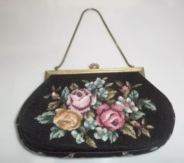 Bolso de tapiz bordado Petit Point pedrería estribo dorado regalo vintage