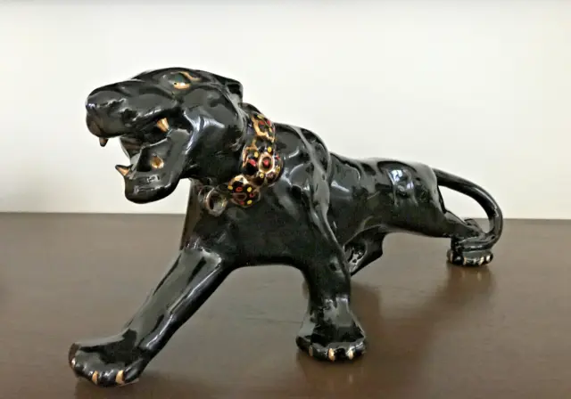 Vintage MCM Ceramic Black Panther with Painted Gold Collar 18.5" x 8" Figurine