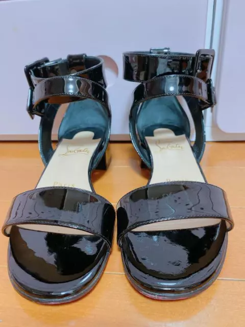 Christian Louboutin Black Patent Leather Strap Flat Sandals EU Size 35 Used