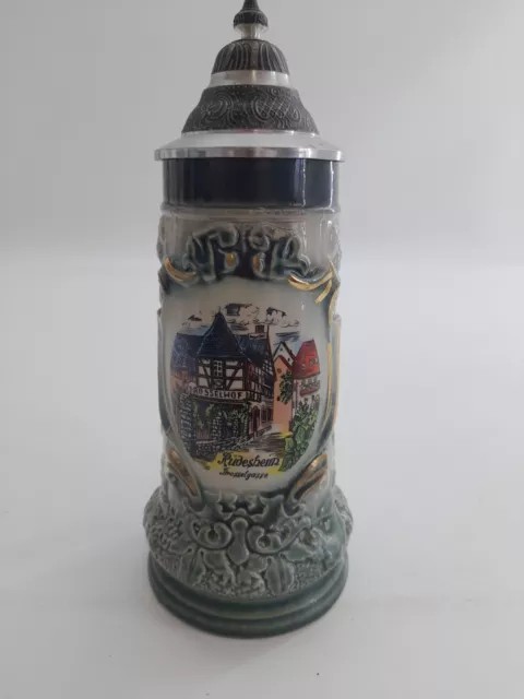 Hand Painted Armin Bay BEER STEIN, Rudesheim Drosselgasse Pewter Lid 11"