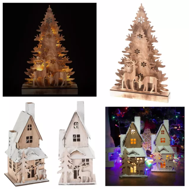 Christmas LED Scene House Tree Reindeer Light Up Wooden Decoration Xmas Ornament