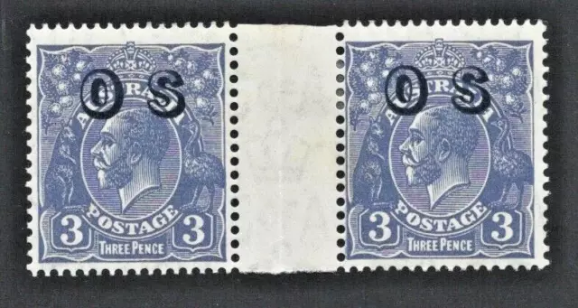 KGV Heads 3d Blue Gutter Pair Stamps with Overprinted OS Mint Hinged MH - Rare