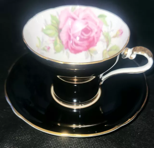 Aynsley Black Tea Cup And Saucer Cabbage Pink Rose Corset C957 Gold England 3