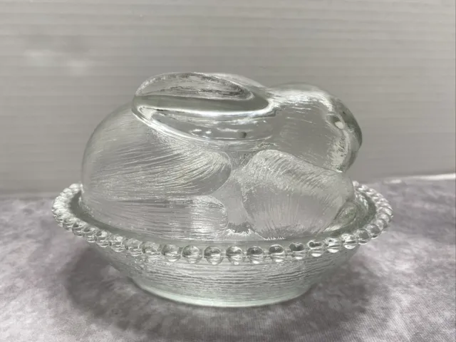 RABBIT Vtg Indiana Glass Clear Glass Bunny Rabbit In Nest Easter Candy Dish  G1