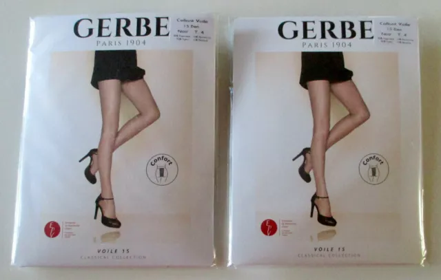 Neufs. GERBE. Lot de 2 Collants transparents "VOILE 15". Noirs. Taille 4.