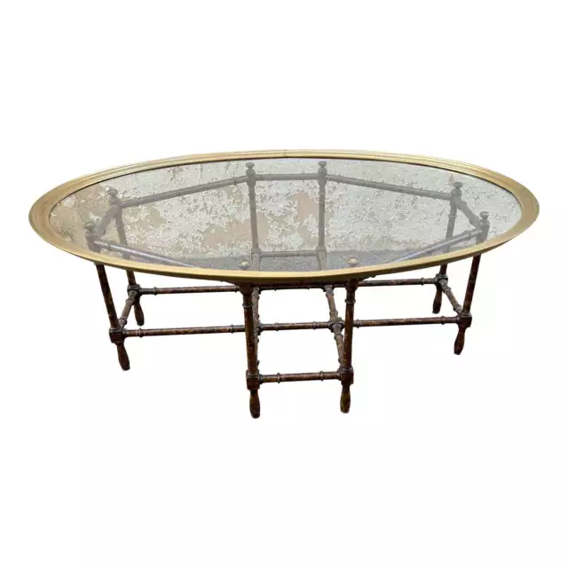 Vintage Mid 20th Century Baker Hollywood Regency Brass/Glass/Wood Tray Top Table