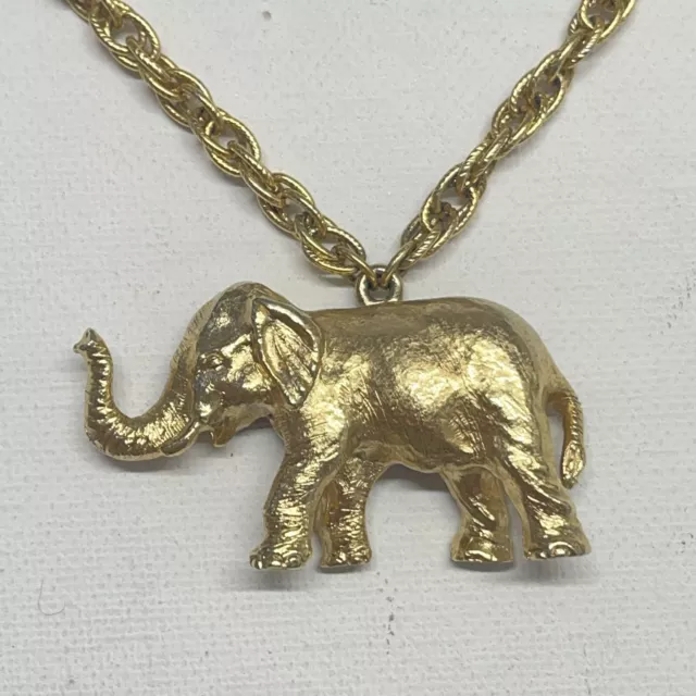 Vintage Napier Gold Tone Elephant Pendant Necklace Chain Trunk Up Signed