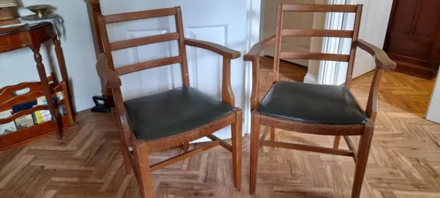 PAIR retro mid-century oak desk carver chair armchair White & Newton vinyl seat