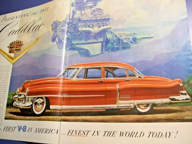 1953 Cadillac large-mag 2-page car ad w/ engine illustration-1st V8 in America
