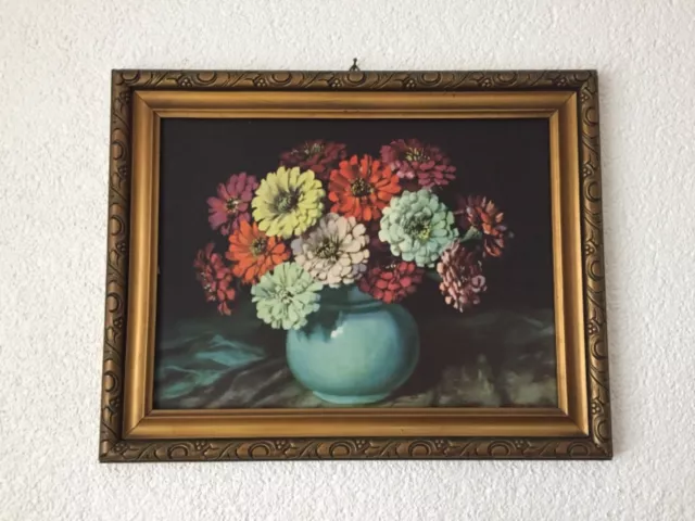 Altes Gemälde mit Rahmen Schmuckrahmen aus Holz - Blumenvase - Vintage