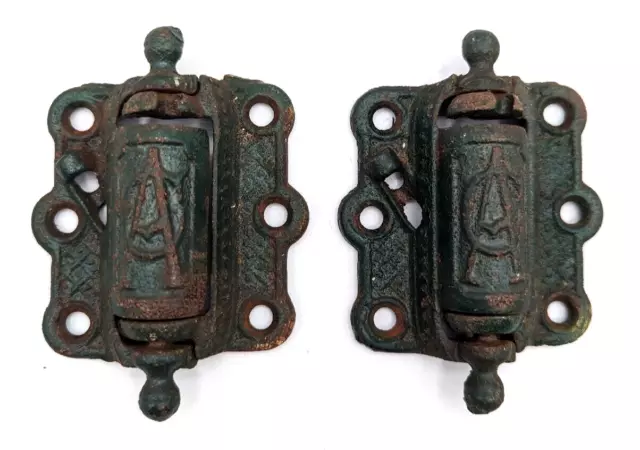 PAIR Vintage Cast Iron Hinges Ornate Embossed AC Old Green Paint 3" +/-