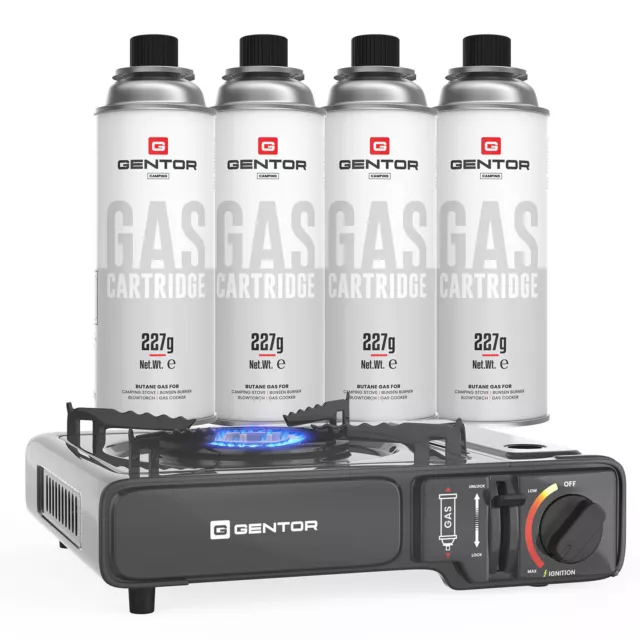 GENTOR Gaskocher + 4 Gas Kartuschen 227g Butangas inkl. Koffer Campingkocher Set