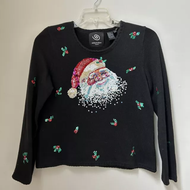 Michael Simon Event Womans Black Pullover Sequin Santa Sweater Medium