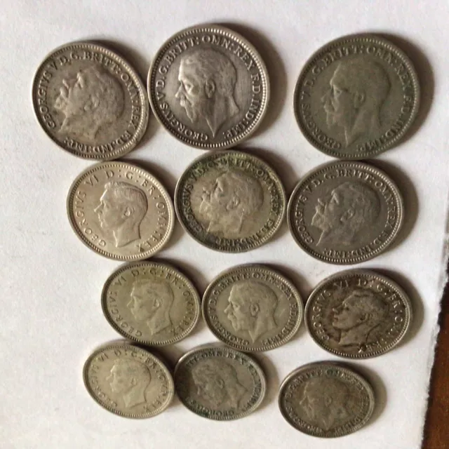 12 Pre 1947 0.500 Silver 3 d Coins, Condition Varies, Fine To Ex. Fine.