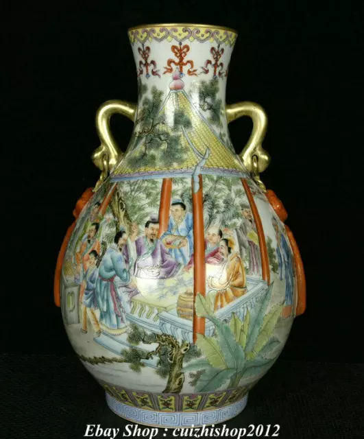 15" Qianlong Marked Colour Enamel Porcelain Gilt Figure Ruyi 2 Ears Vase Bottle