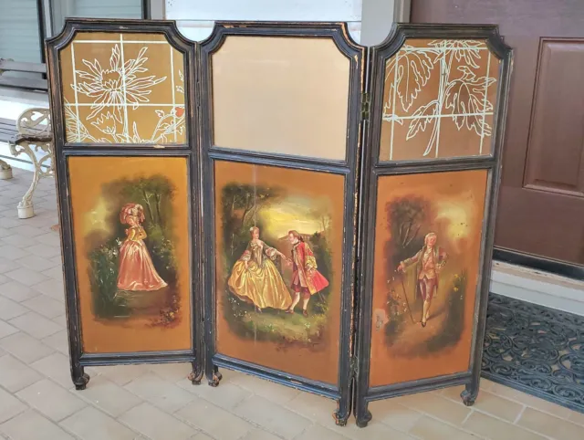 Beautiful Antique Hand Painted Vernis Martin Petite 3-Panel Screen