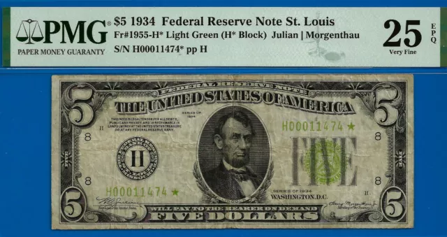 1934 $5 Federal Reserve Note PMG 25EPQ Light Green Seal St. Louis star Fr 1955-H