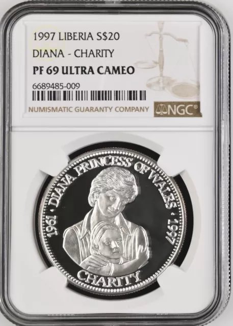 1997 Liberia Silver 20 Dollars Diana - Charity - Ngc Pf 69 Ultra Cameo