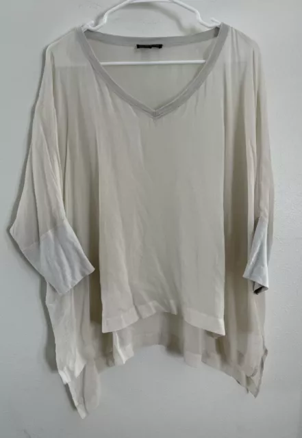 Eileen Fisher Women’s Large Gray Bone Silk Long Sleeve V Neck Blouse Shirt Top
