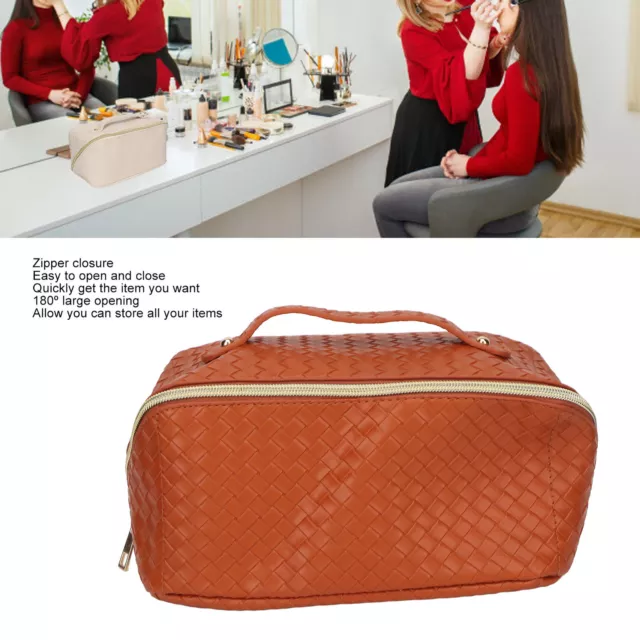 (Brown)Makeup Storage Bag PU Leather Woven Pattern Zipper Closure Cosmetic GSA