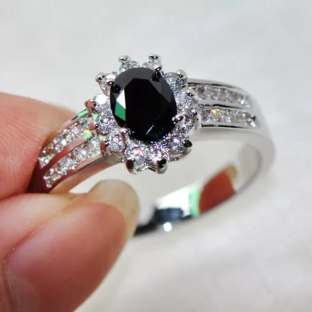 925 Silver Black Crystal AAA Zircon Ring for Women Wedding Jewelry Size 6-10