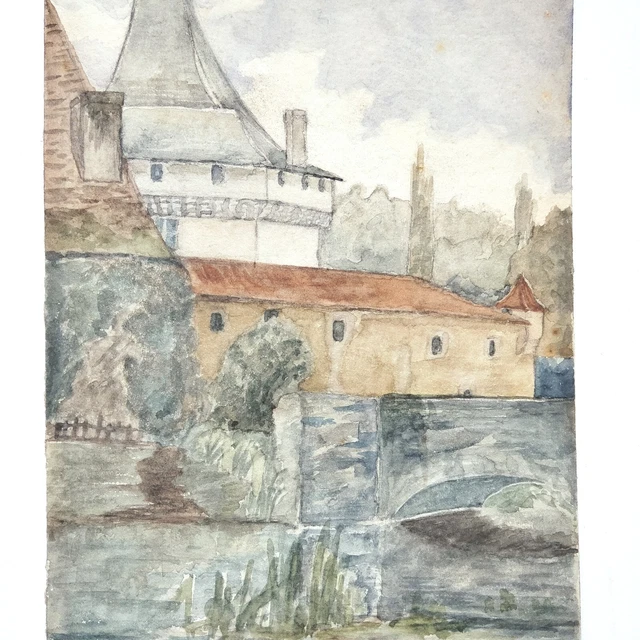 Aquarelle Ancienne Signée P. Dubuisson - Villa Au Bord De L'eau, Début XXe Siècle