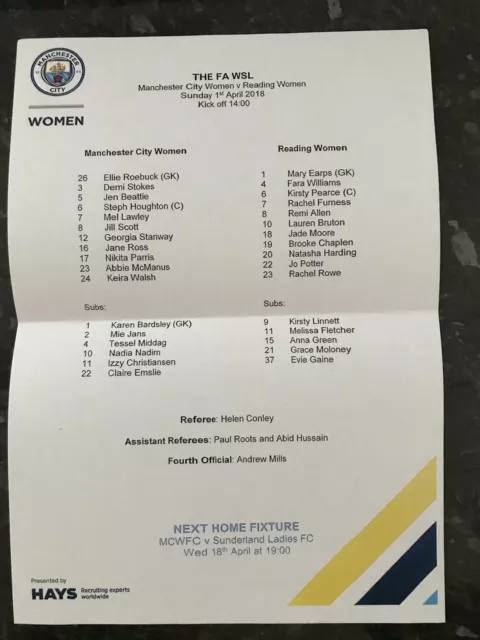 Man City Women V Reading Ladies Official Teamsheet ( 01.04.2018