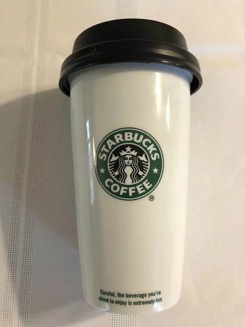 2009 WHITE STARBUCKS 12 oz. Coffee Ceramic Cup Mug with Black Locking ...