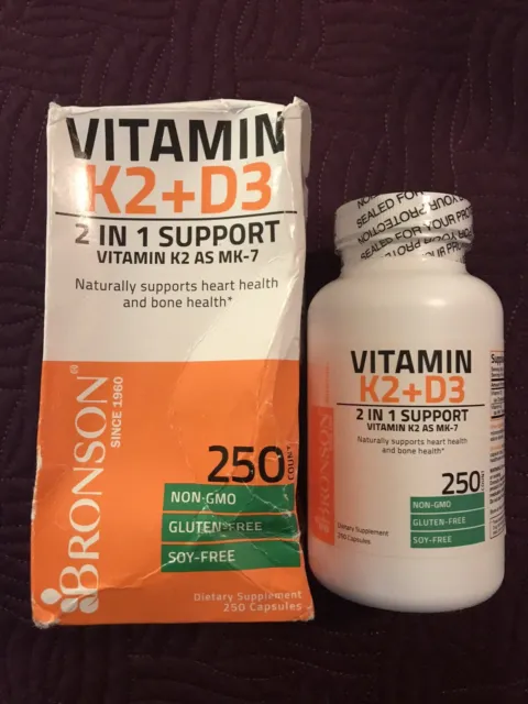 Bronson Vitamin K2 + D3  2 in 1 Support  250 Caps - Exp 2/24 - New Ship Free