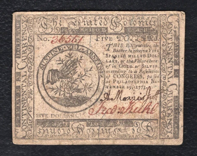Cc-15 November 29, 1775 $5 Five Dollars Continental Currency Note Extremely Fine