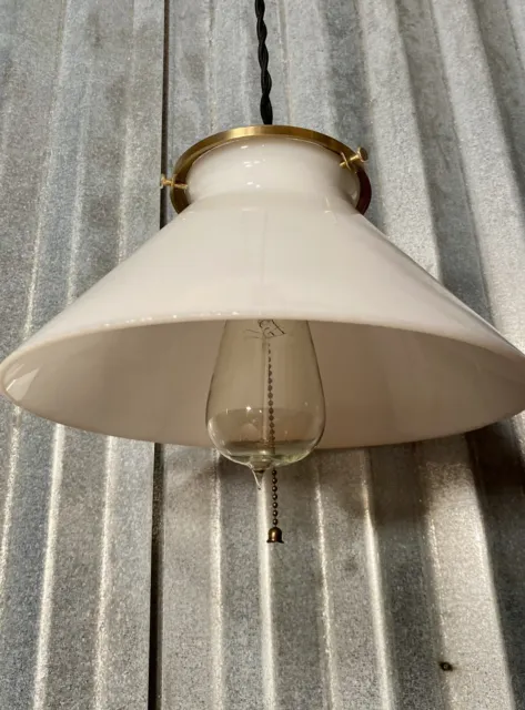Antique Authentic Thick Milk Glass Brass Pendant Hanging  Ceiling Light