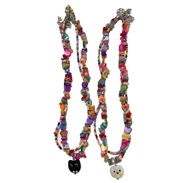 Double Layered Stacked Beads Cat Choker Colorful Necklace for Women Girl Gifts