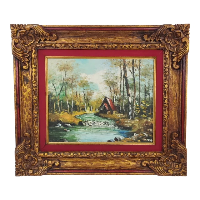VINTAGE LANDSCAPE OIL Painting Cabin Woods On Canvas Signed Ornate Wood ...