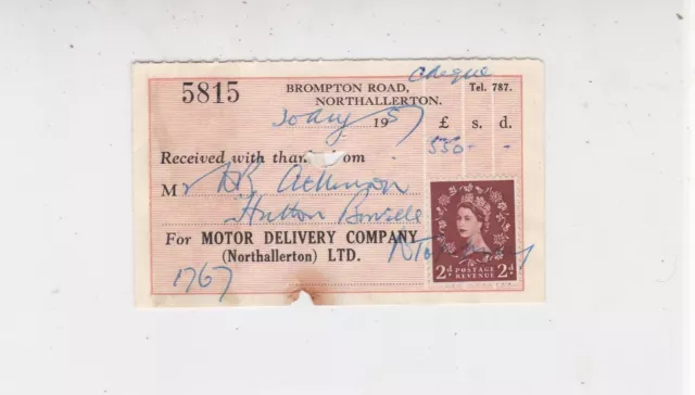 Motor Delivery Company Ltd Northallerton 1957 Stamp Receipt For Cheque Ref 37081