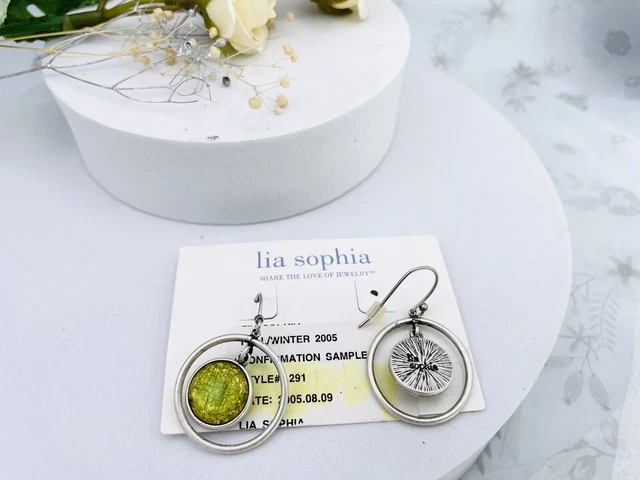 2005’s Lia Sophia Silver Tone Green Stone Hoop Hook Drop Earrings