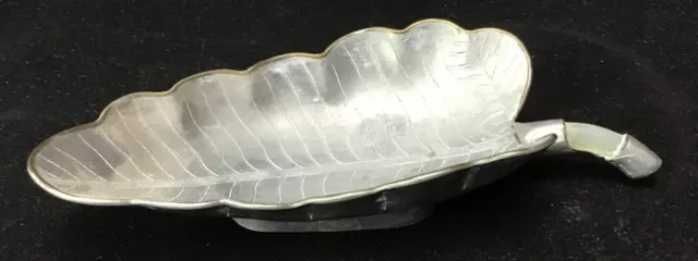 Antique Chinese Pewter Figural Leaf Spoon Dish Tray  Jade Handle